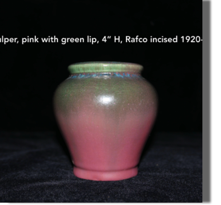 Fulper vase, pink with green lip, 4"high, Rafco, 1920- Martin Stangl became Fulper's ceramic engineer in 1911 and helped to invent a group of famille rose glazes Fulper vase, pink with green lip, 4"high, Rafco, 1920- Martin Stangl became Fulper's ceramic engineer in 1911 and helped to invent a group of famille rose glazes